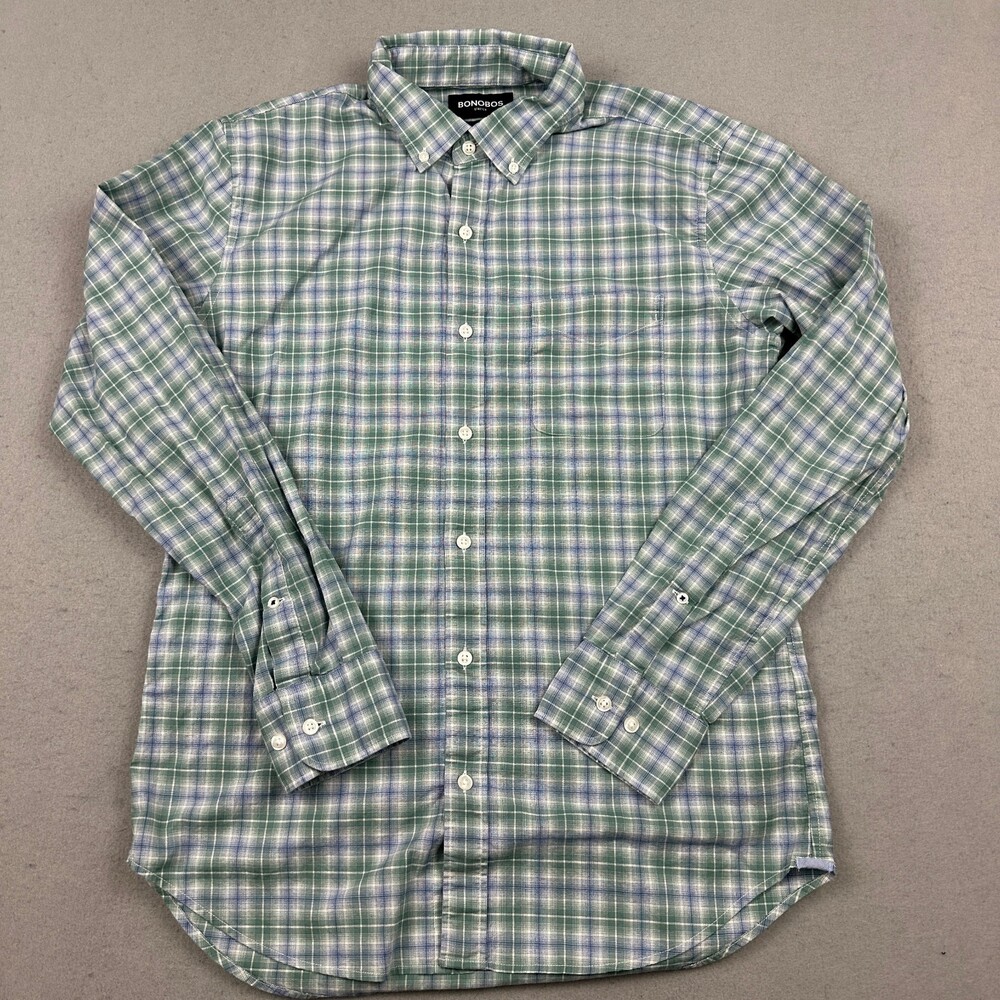 Bonobos Shirt Men Medium Green Plaid Button Up Long Sleeve Slim Fit Pocket M